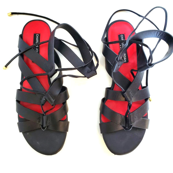 Charles Jourdan Womens Black Strappy Sandals 8.5 Gladiator Laces Boho Festival - Picture 1 of 9